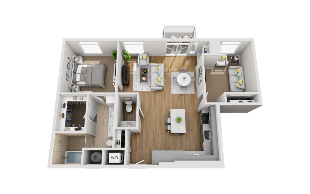 A1.5AD - 1 bedroom floorplan layout with 1.5 bathroom and 1170 square feet (3D)