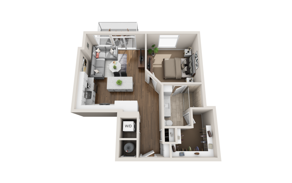 A1B - 1 bedroom floorplan layout with 1 bathroom and 781 square feet (3D)