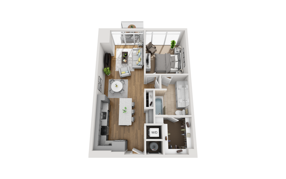 A1D - 1 bedroom floorplan layout with 1 bathroom and 825 square feet (3D)