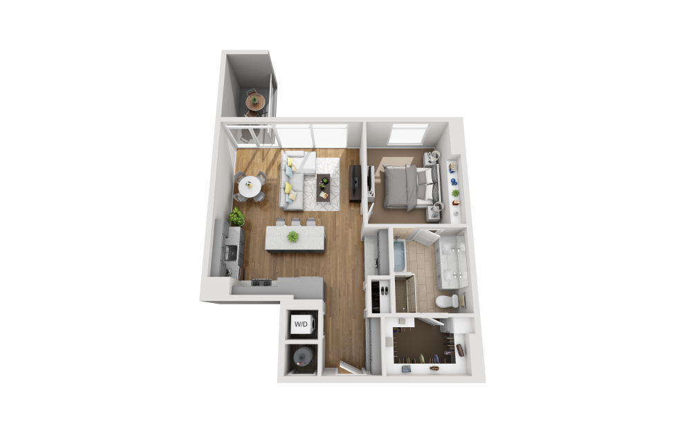 A1E - 1 bedroom floorplan layout with 1 bath and 839 square feet. (3D)
