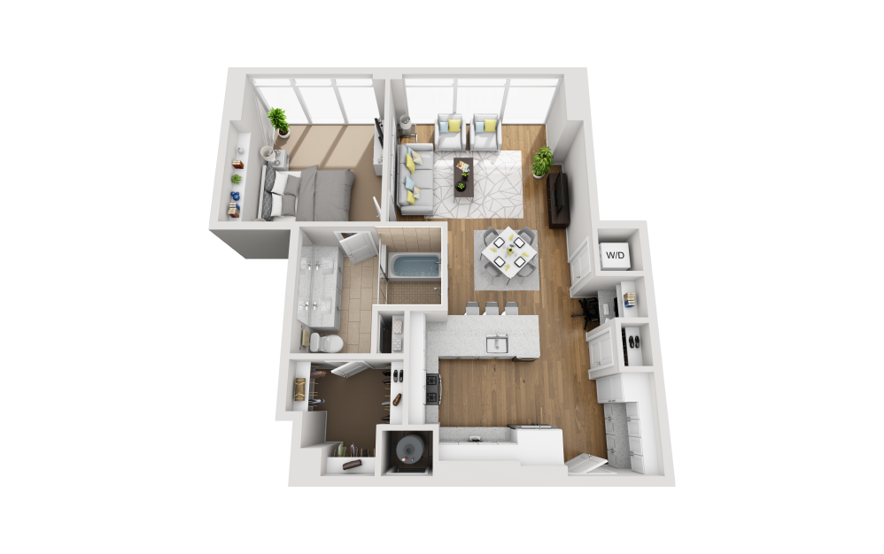 A1F - 1 bedroom floorplan layout with 1 bathroom and 895 square feet (3D)