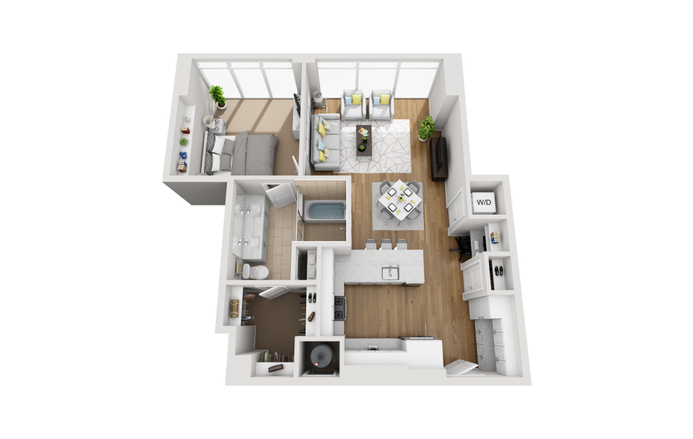 A1F - 1 bedroom floorplan layout with 1 bath and 895 square feet. (3D)
