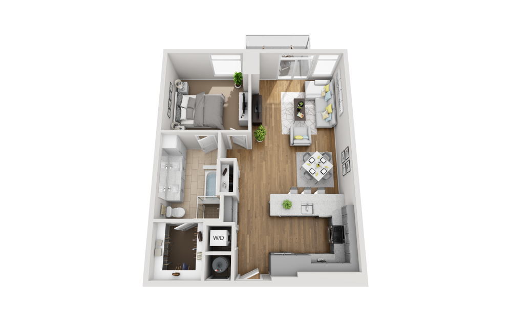 A1G - 1 bedroom floorplan layout with 1 bathroom and 938 square feet (3D)