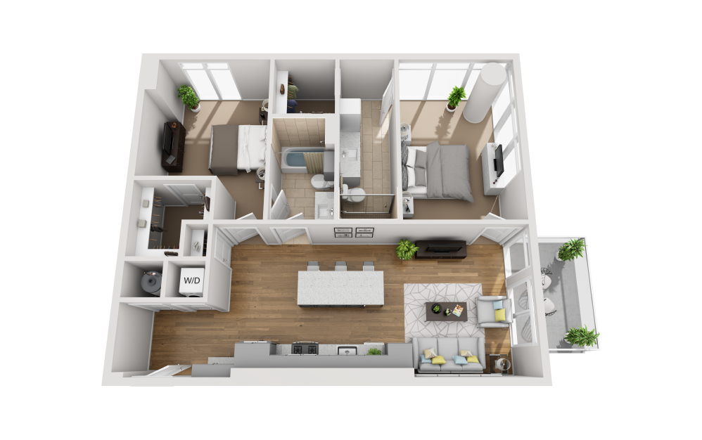 B2A - 2 bedroom floorplan layout with 2 bathrooms and 1112 square feet (3D)