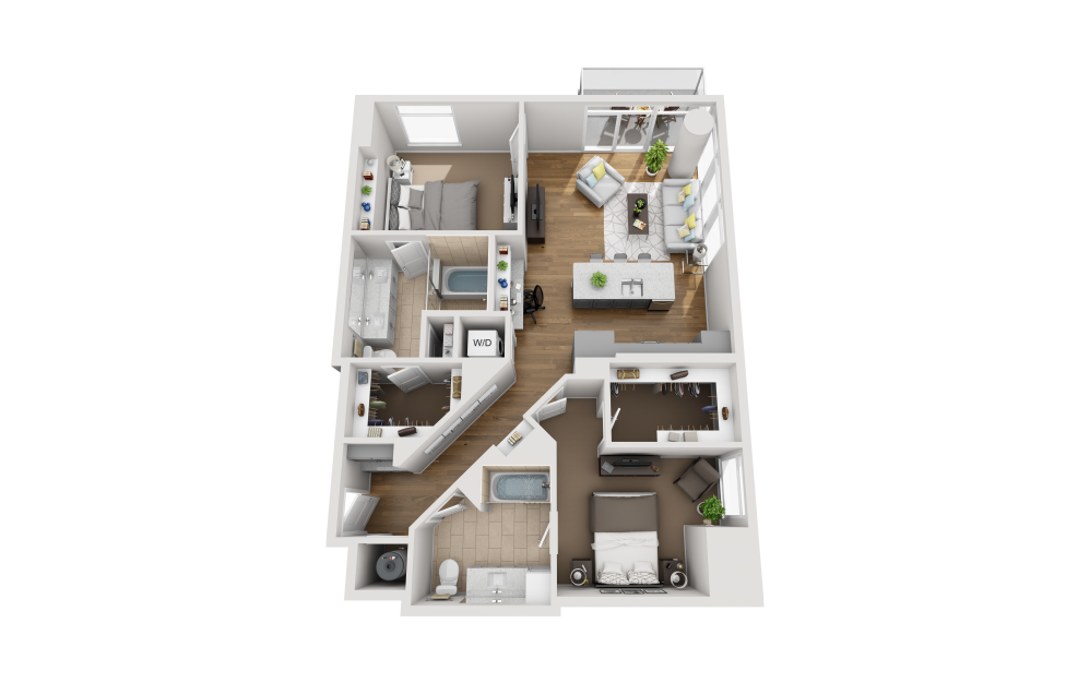 B2B - ADA - 2 bedroom floorplan layout with 2 bathrooms and 1196 square feet (3D)