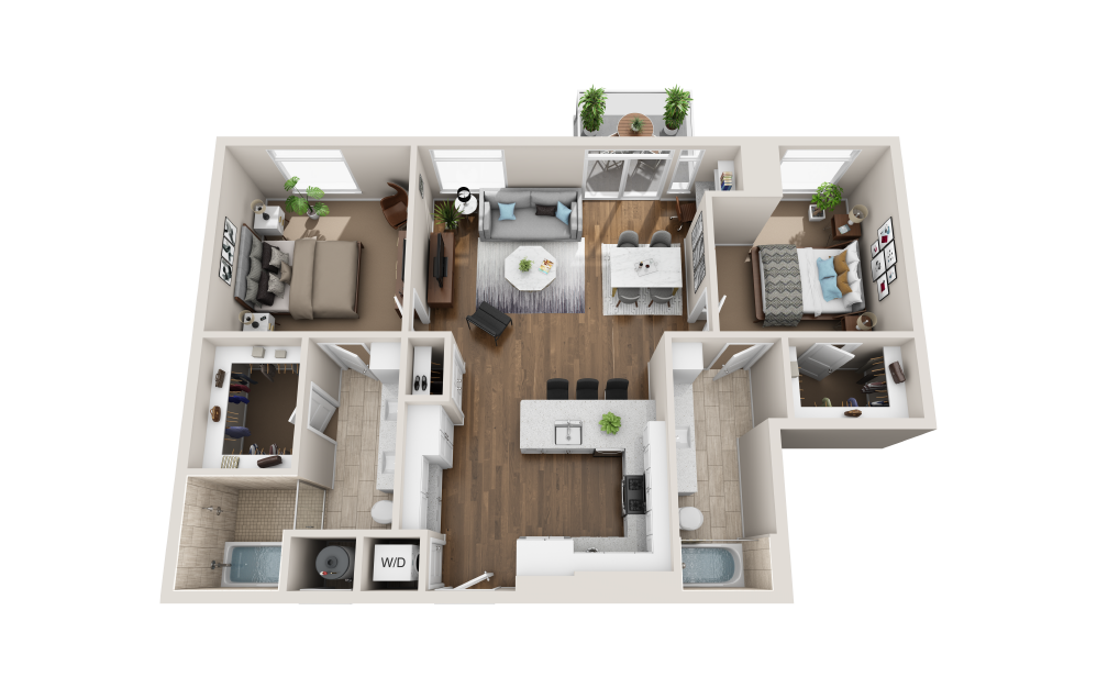 B2C - 2 bedroom floorplan layout with 2 bathrooms and 1203 square feet (3D)