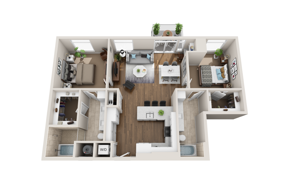 B2C - 2 bedroom floorplan layout with 2 baths and 1203 square feet. (3D)