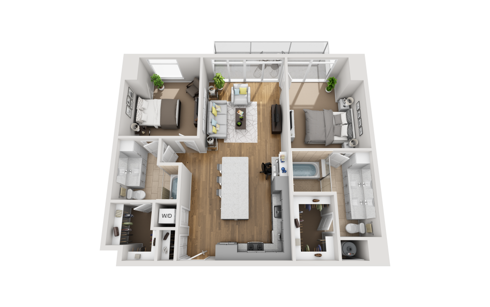 B2D - 2 bedroom floorplan layout with 2 bathrooms and 1234 square feet (3D)