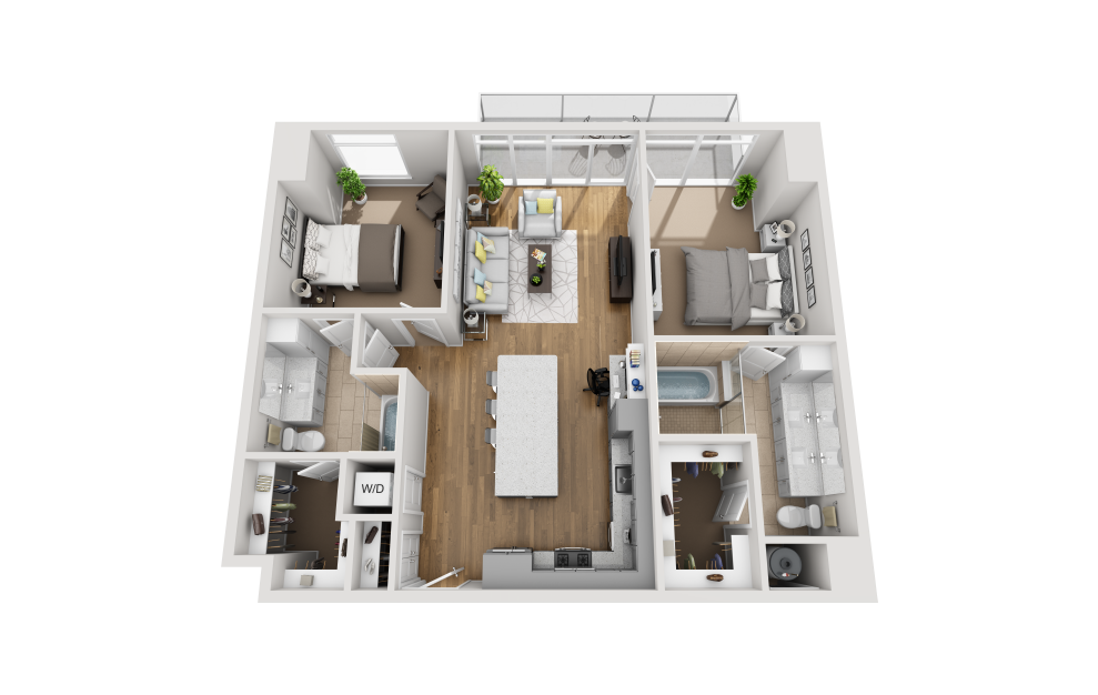 B2D - 2 bedroom floorplan layout with 2 baths and 1234 square feet. (3D)