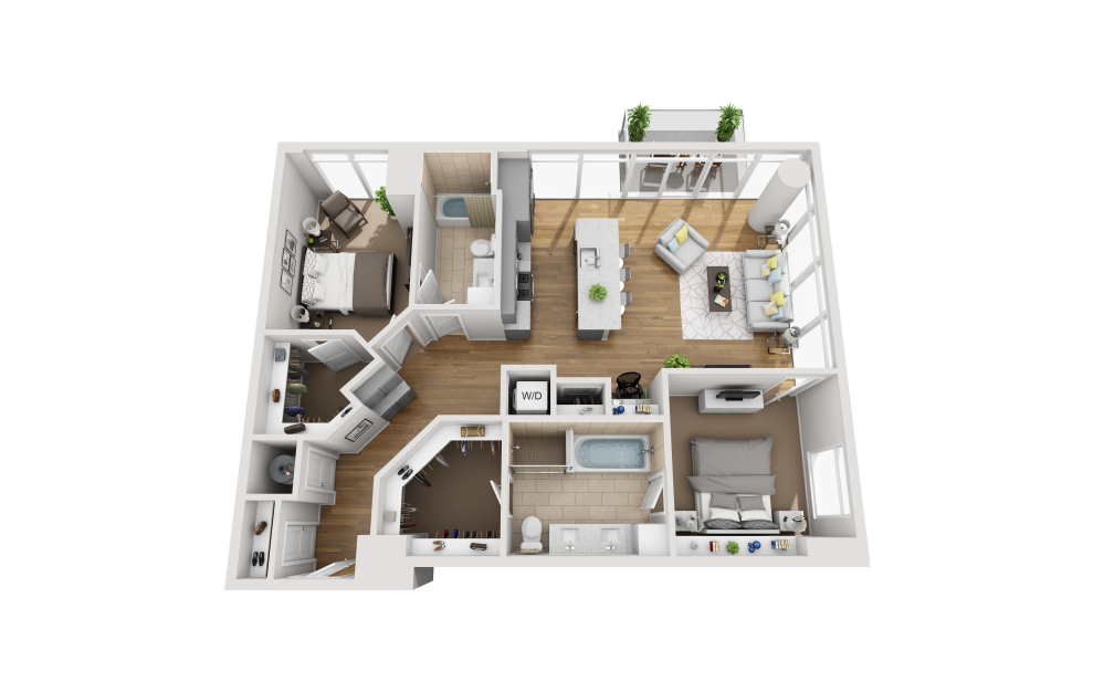 B2E - 2 bedroom floorplan layout with 2 baths and 1288 square feet. (3D)