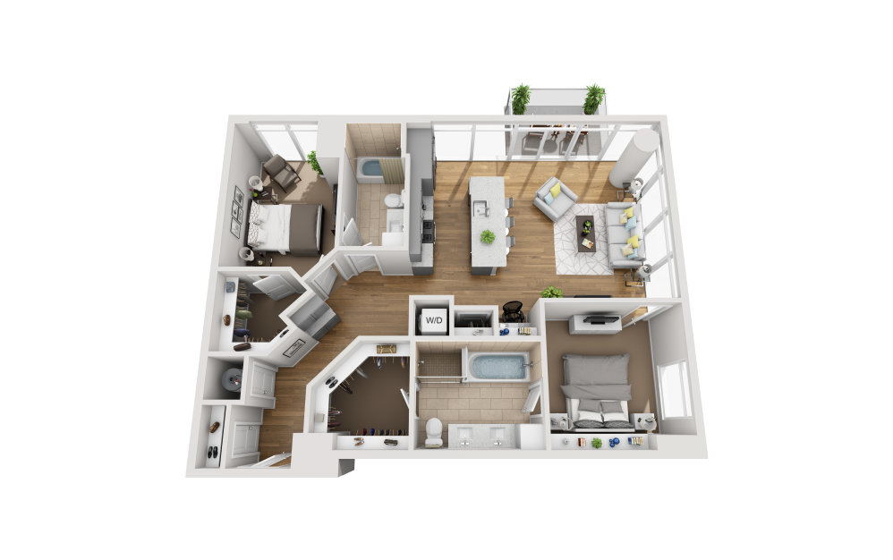 B2E - 2 bedroom floorplan layout with 2 bathrooms and 1288 square feet (3D)