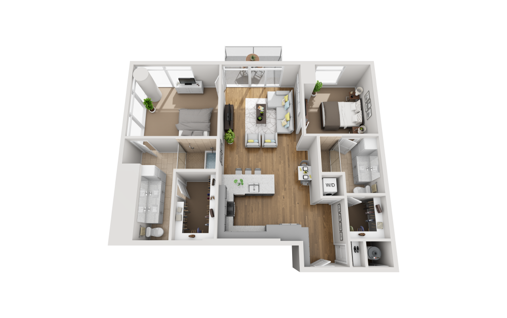 B2F - 2 bedroom floorplan layout with 2 bathrooms and 1300 square feet (3D)