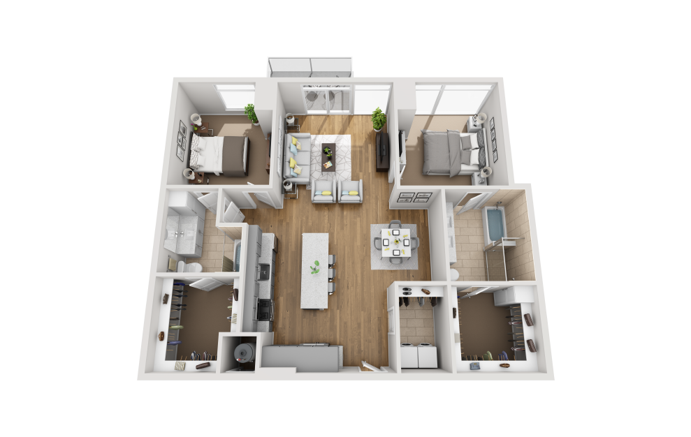B2G - 2 bedroom floorplan layout with 2 baths and 1339 square feet. (3D)