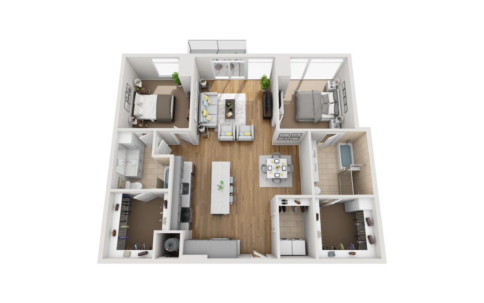 B2G - 2 bedroom floorplan layout with 2 bathrooms and 1339 square feet (3D)