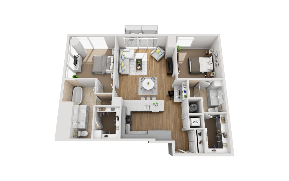 B2H - 2 bedroom floorplan layout with 2 bathrooms and 1384 square feet (3D)