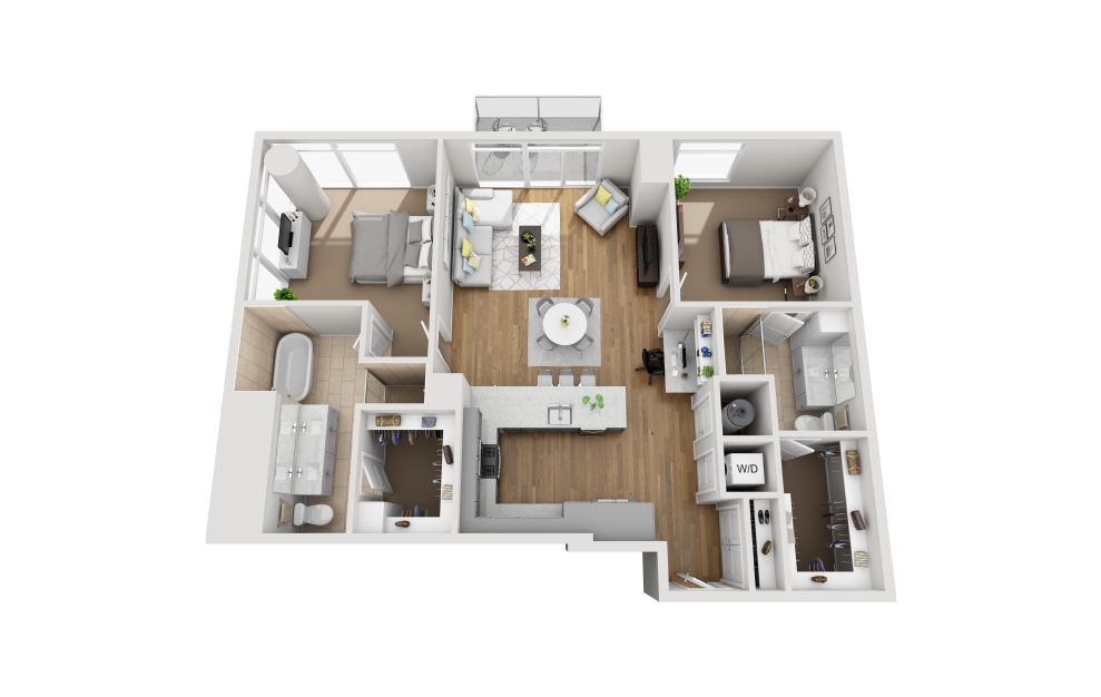 B2H - 2 bedroom floorplan layout with 2 baths and 1384 square feet. (3D)