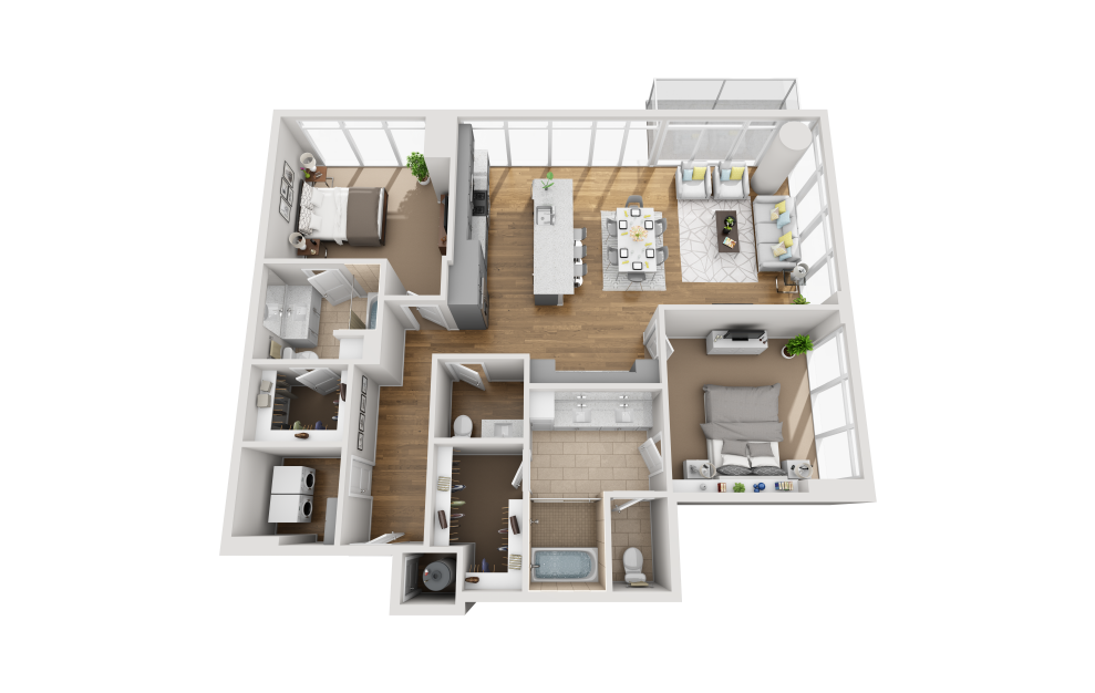 B2I - 2 bedroom floorplan layout with 2.5 baths and 1485 square feet. (3D)