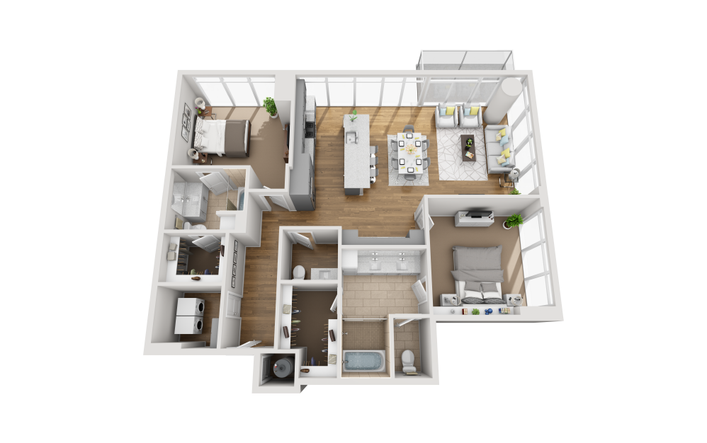 B2I - 2 bedroom floorplan layout with 2.5 bathrooms and 1485 square feet (3D)