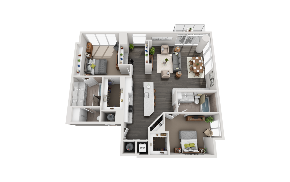 B2J - 2 bedroom floorplan layout with 2 bathrooms and 1664 square feet (3D)