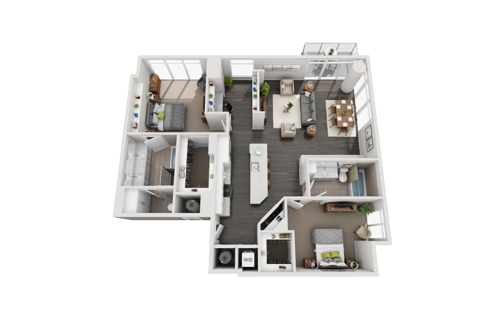 B2J - 2 bedroom floorplan layout with 2 baths and 1664 square feet. (3D)