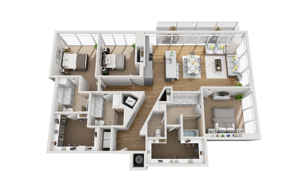 C3A - 3 bedroom floorplan layout with 3 bathrooms and 1823 square feet (3D)