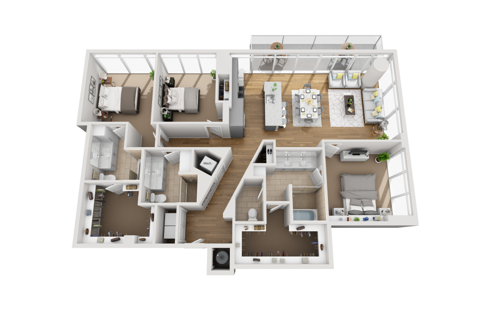 C3A - 3 bedroom floorplan layout with 3 baths and 1823 square feet. (3D)