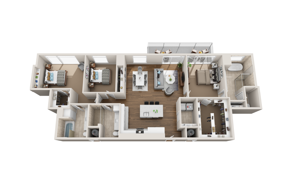 C3A-PH - 3 bedroom floorplan layout with 3 baths and 1942 square feet. (3D)