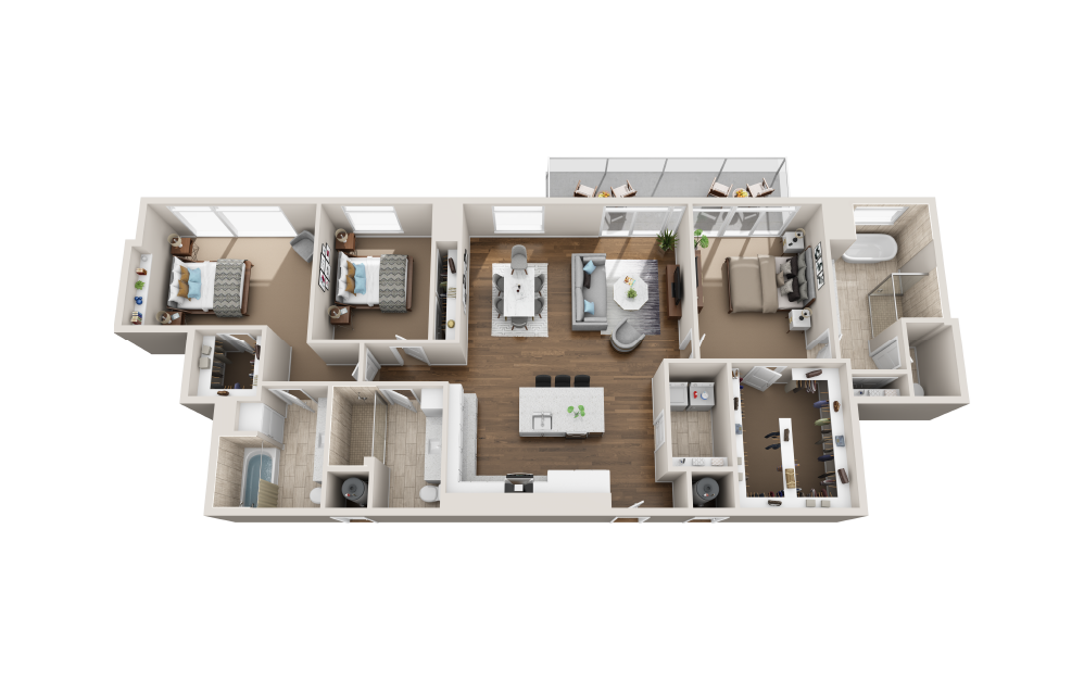 C3A-PH - 3 bedroom floorplan layout with 3 bathrooms and 1942 square feet (3D)