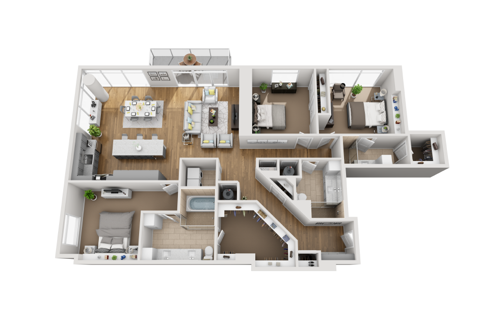 C3B-PH - 3 bedroom floorplan layout with 3 baths and 2066 square feet. (3D)