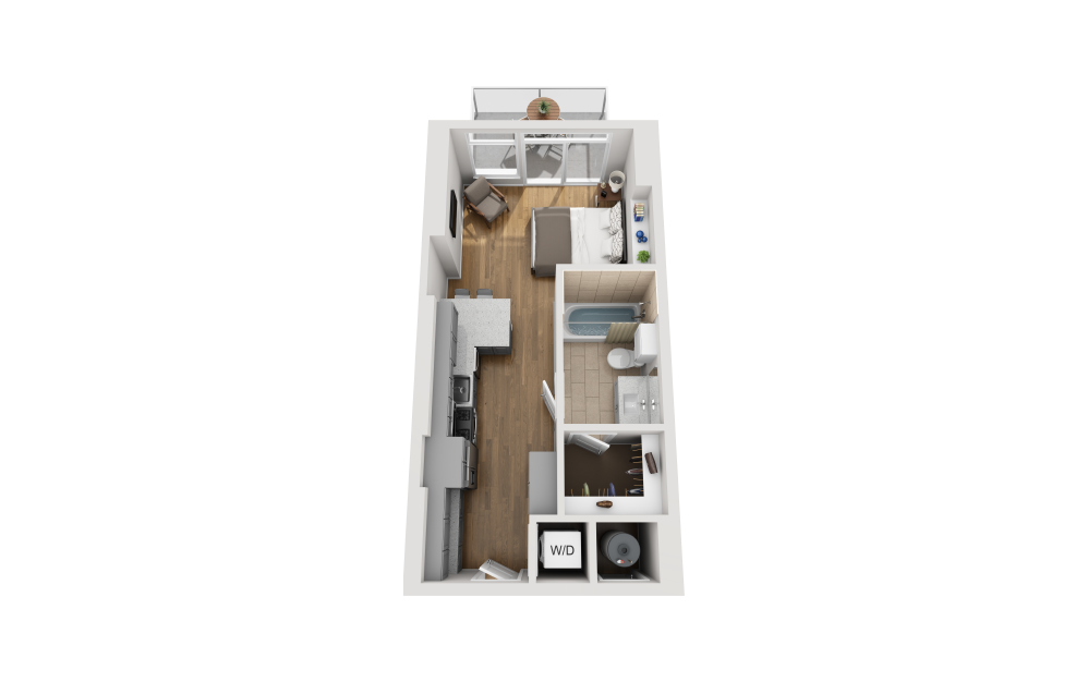 E1A - Studio floorplan layout with 1 bathroom and 467 square feet (3D)