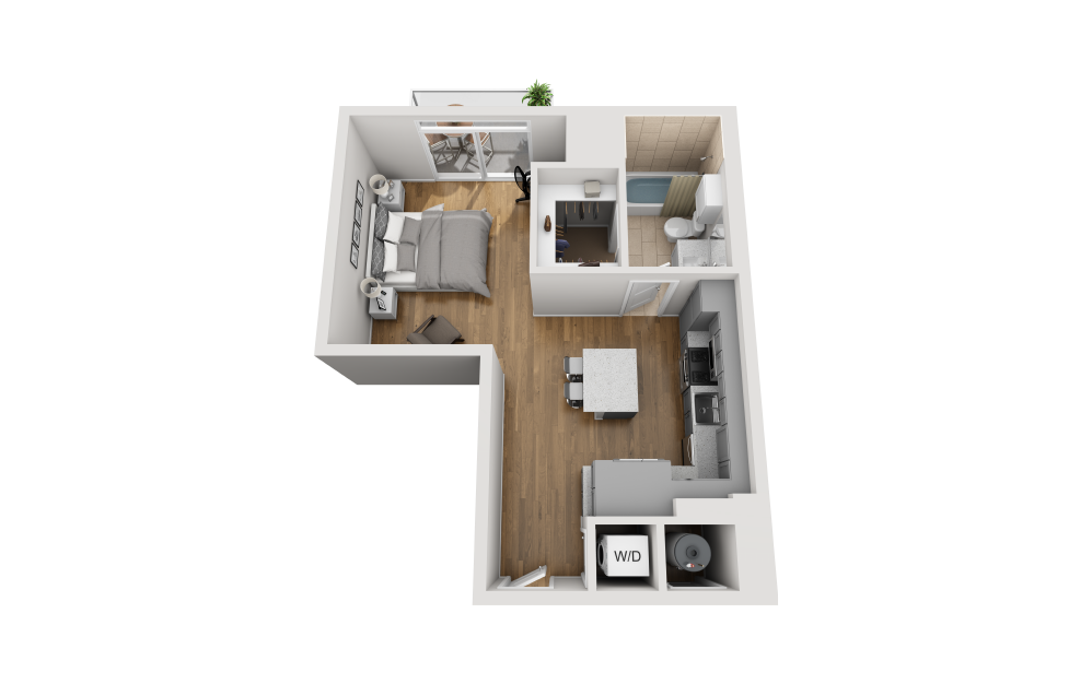 E1B - Studio floorplan layout with 1 bathroom and 578 square feet (3D)