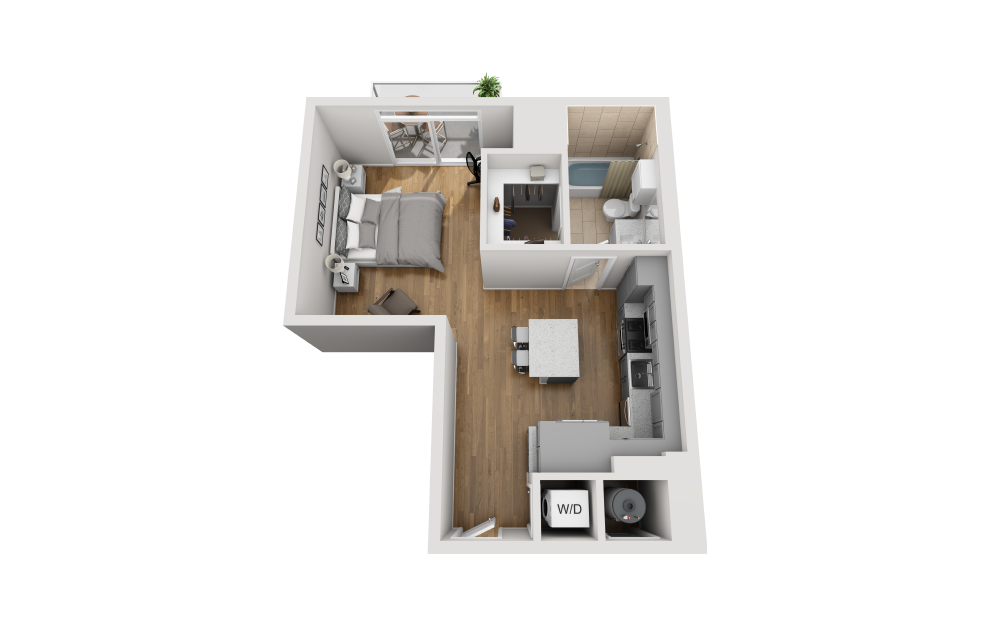 E1B - Studio floorplan layout with 1 bath and 578 square feet. (3D)