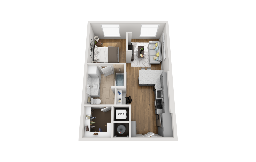 E1C - Studio floorplan layout with 1 bath and 584 square feet. (3D)