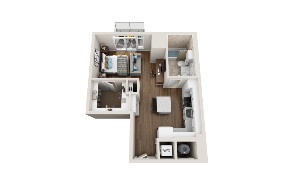 E1D - Studio floorplan layout with 1 bath and 610 square feet. (3D)