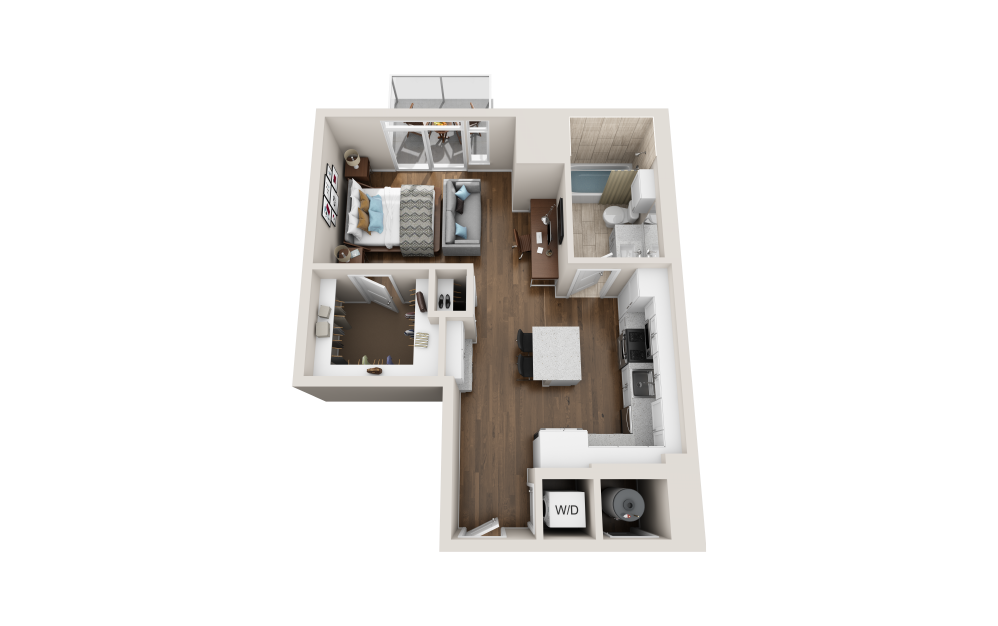 E1D - Studio floorplan layout with 1 bathroom and 610 square feet (3D)