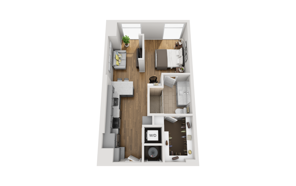 E1E - Studio floorplan layout with 1 bathroom and 621 square feet (3D)