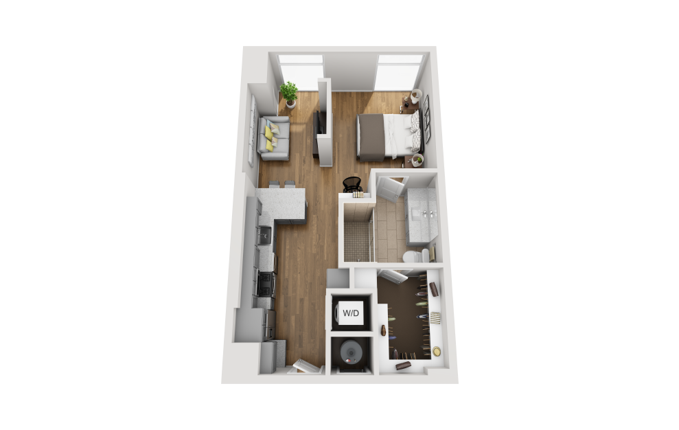 E1E - Studio floorplan layout with 1 bath and 621 square feet. (3D)